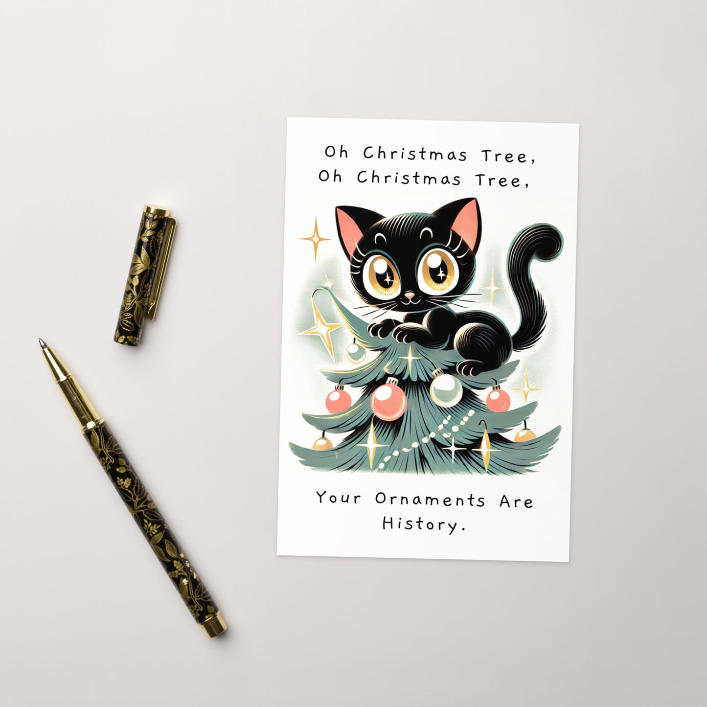 Mischievous Cat on Christmas Tree Folded Holiday Card - Digital Download - Print at Home