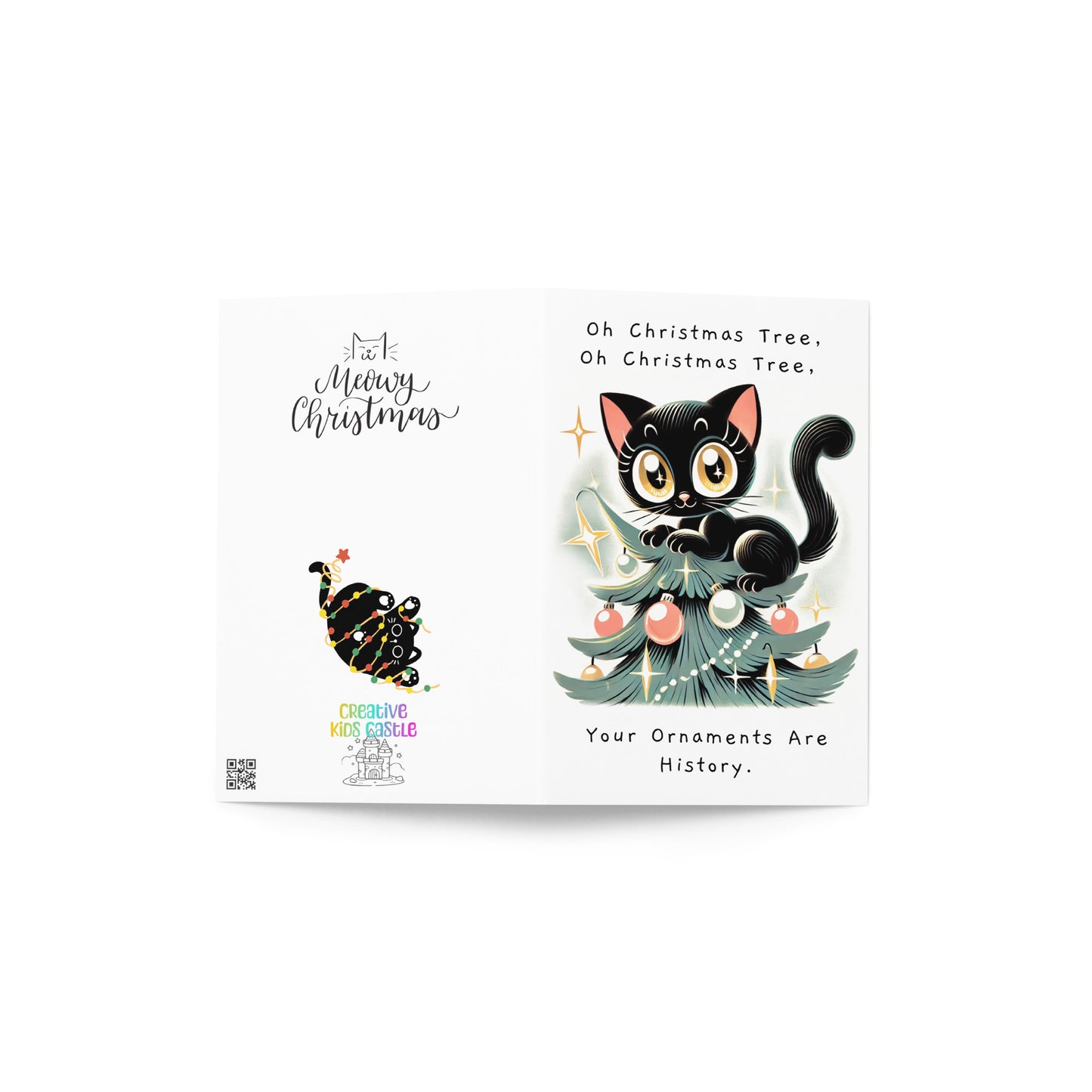 Mischievous Cat on Christmas Tree Folded Holiday Card - Digital Download - Print at Home