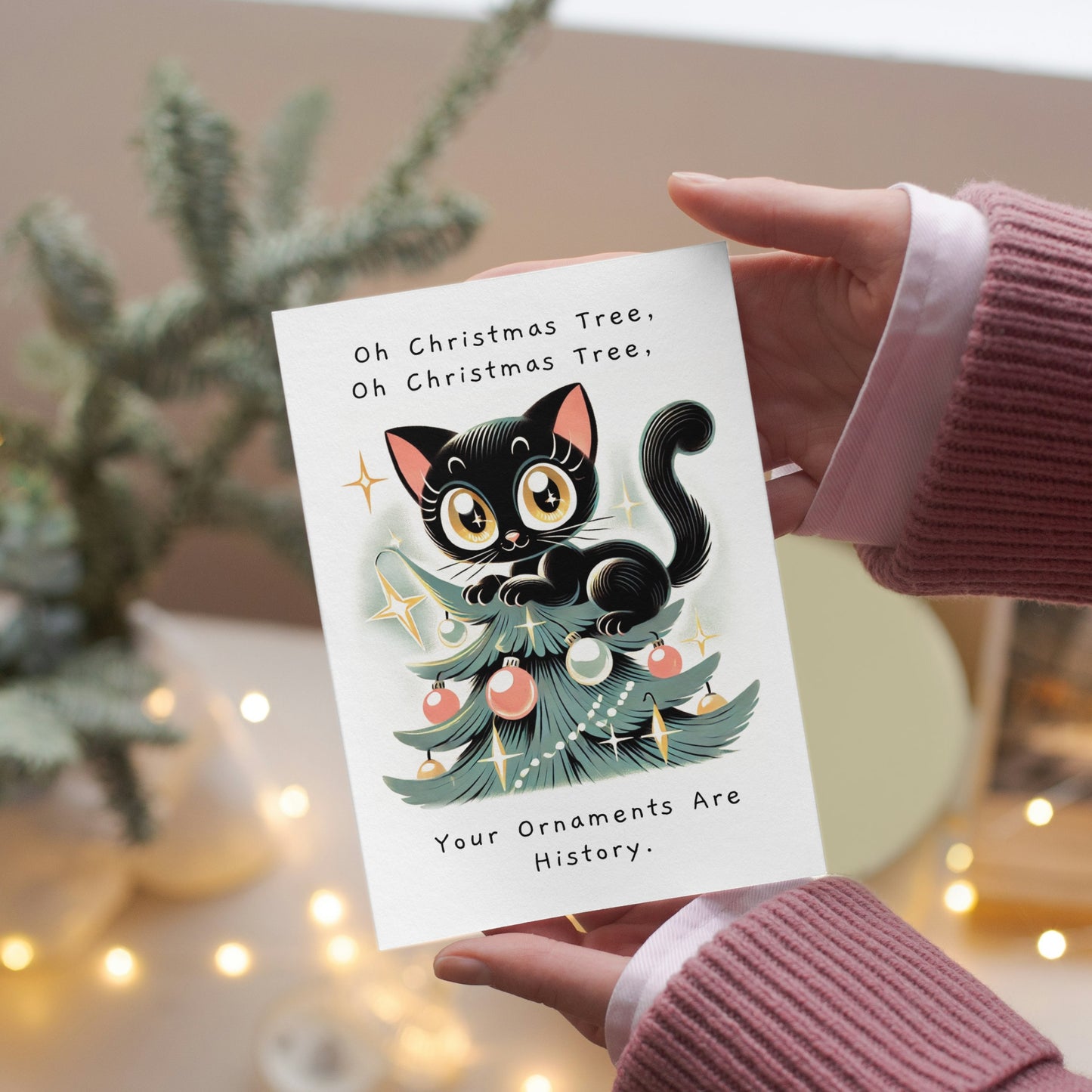 Mischievous Cat on Christmas Tree Folded Holiday Card - Digital Download - Print at Home