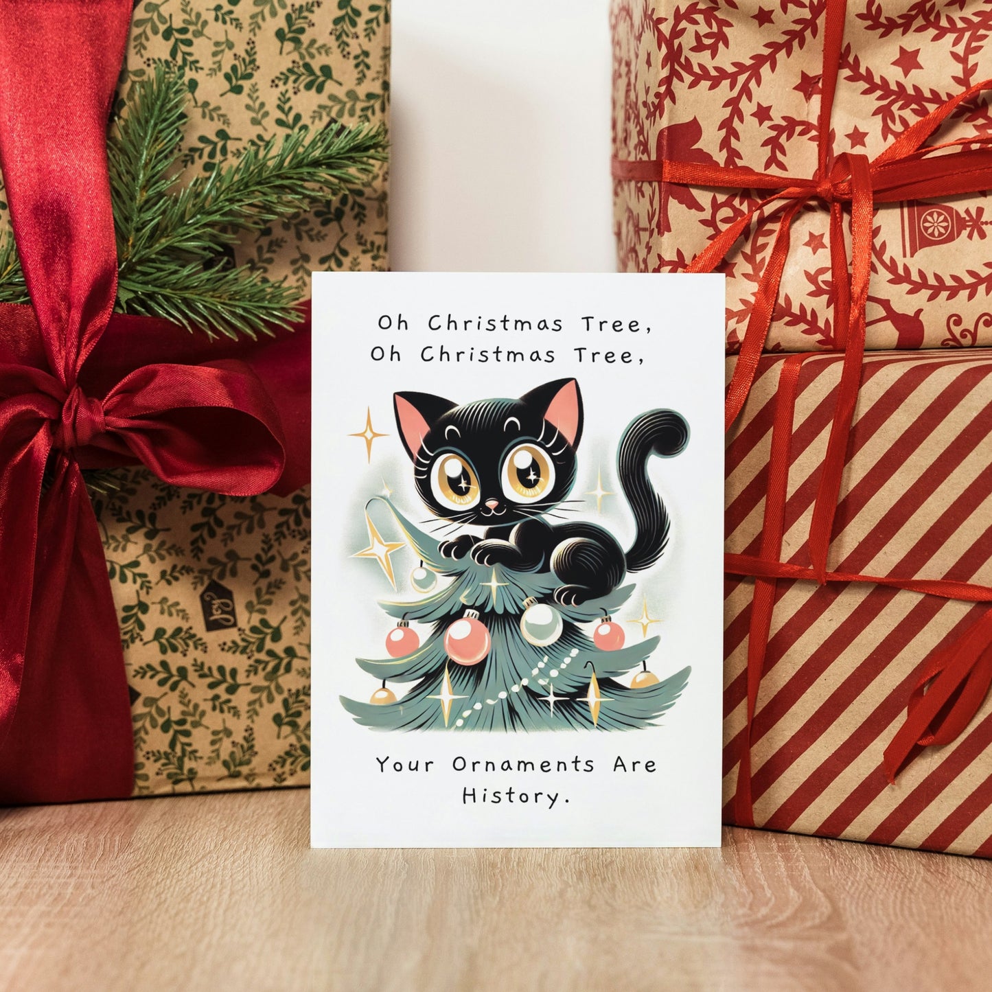 Mischievous Cat on Christmas Tree Folded Holiday Card - Digital Download - Print at Home