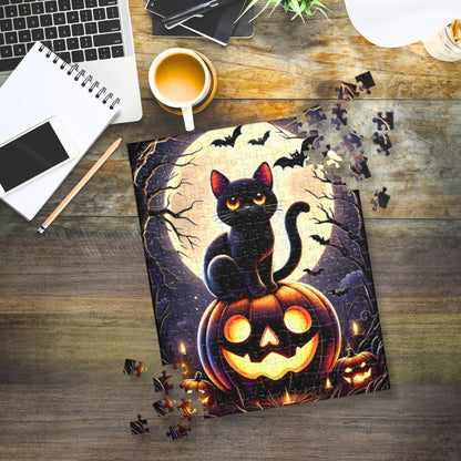 Cute Black Cat Perched on a Carved Pumpkin Halloween Jigsaw Puzzle