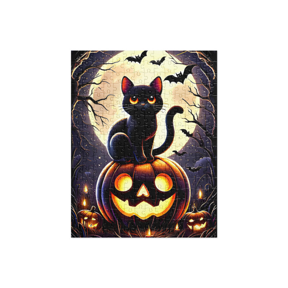 Cute Black Cat Perched on a Carved Pumpkin Halloween Jigsaw Puzzle