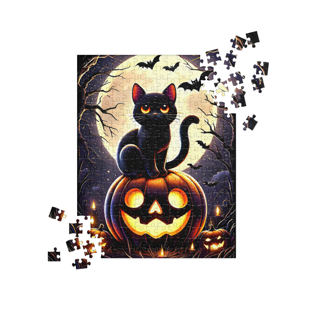 Cute Black Cat Perched on a Carved Pumpkin Halloween Jigsaw Puzzle