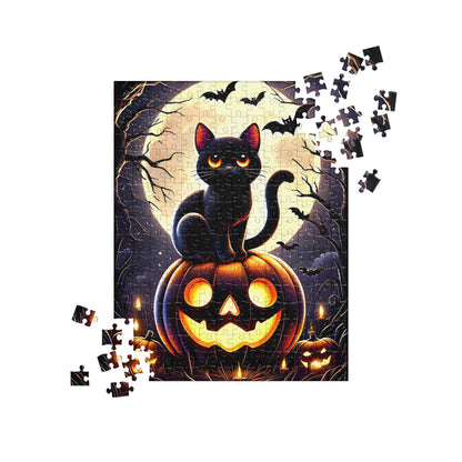 Cute Black Cat Perched on a Carved Pumpkin Halloween Jigsaw Puzzle