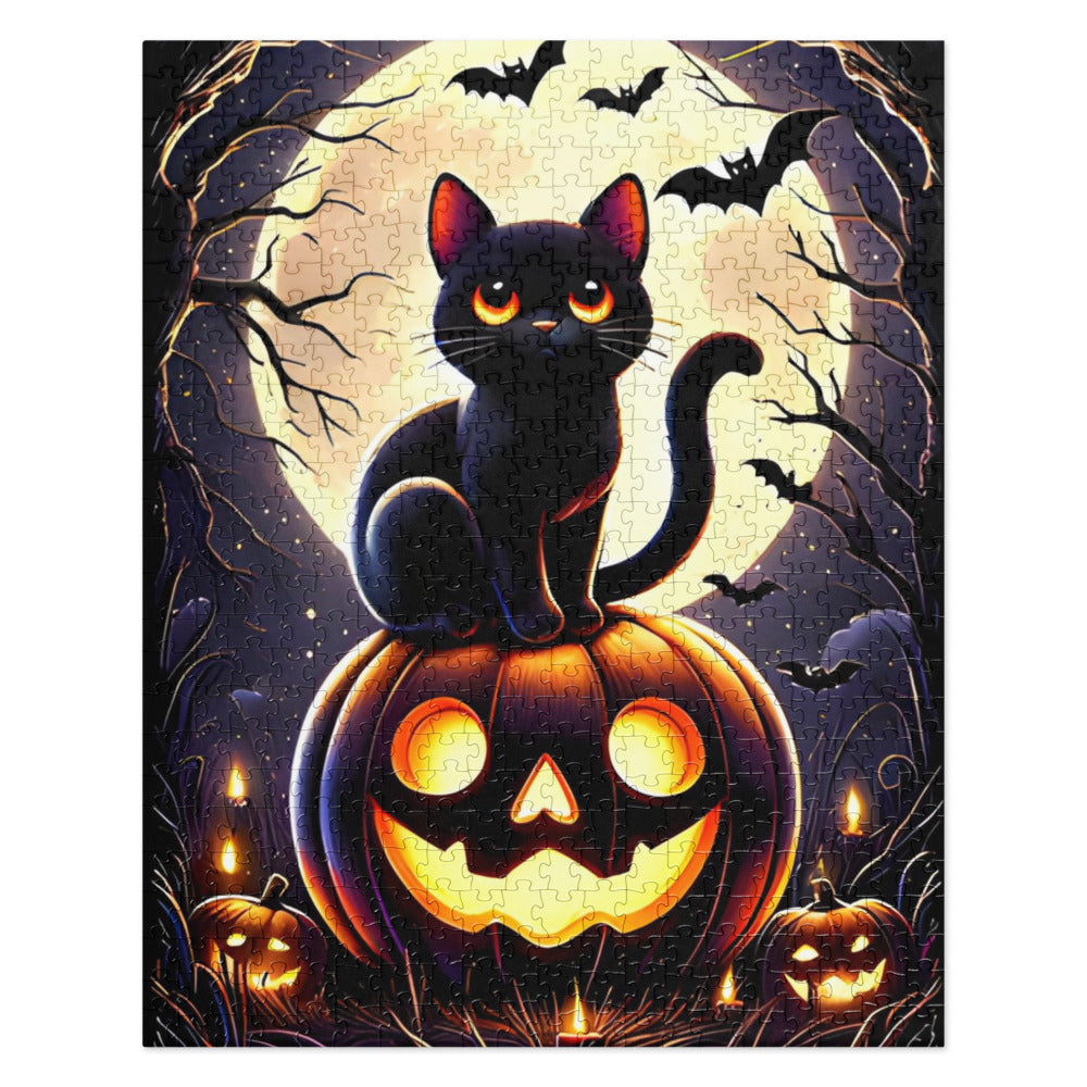 Cute Black Cat Perched on a Carved Pumpkin Halloween Jigsaw Puzzle