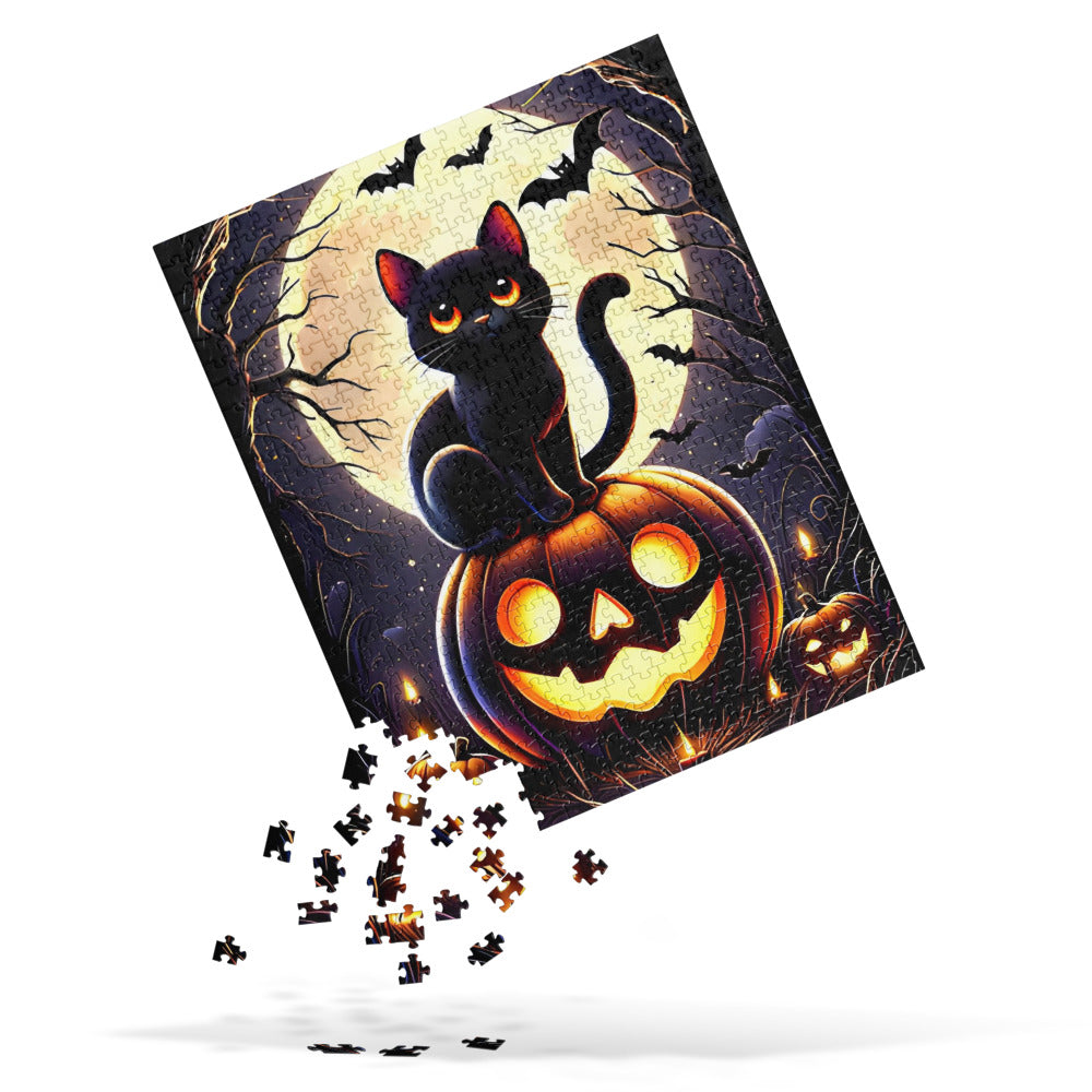 Cute Black Cat Perched on a Carved Pumpkin Halloween Jigsaw Puzzle