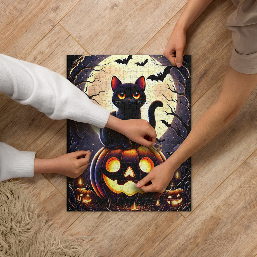 Cute Black Cat Perched on a Carved Pumpkin Halloween Jigsaw Puzzle