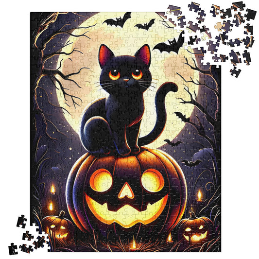 Cute Black Cat Perched on a Carved Pumpkin Halloween Jigsaw Puzzle