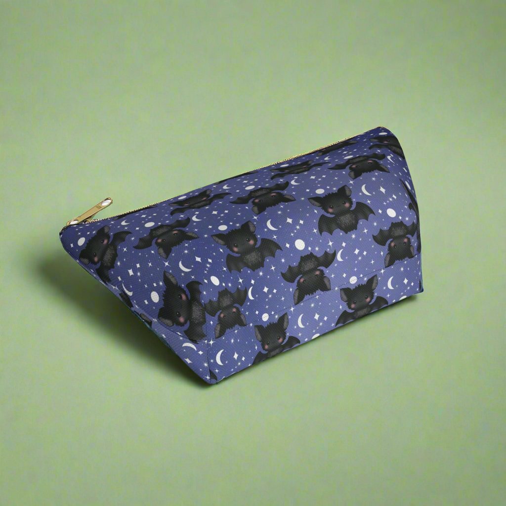 bottom  view small Midnight Blue Accessory Pouch with Cute Bats among Moons & Stars