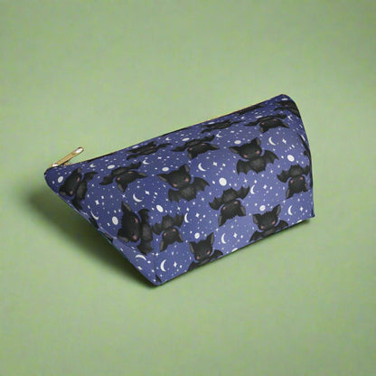 bottom  view small Midnight Blue Accessory Pouch with Cute Bats among Moons & Stars
