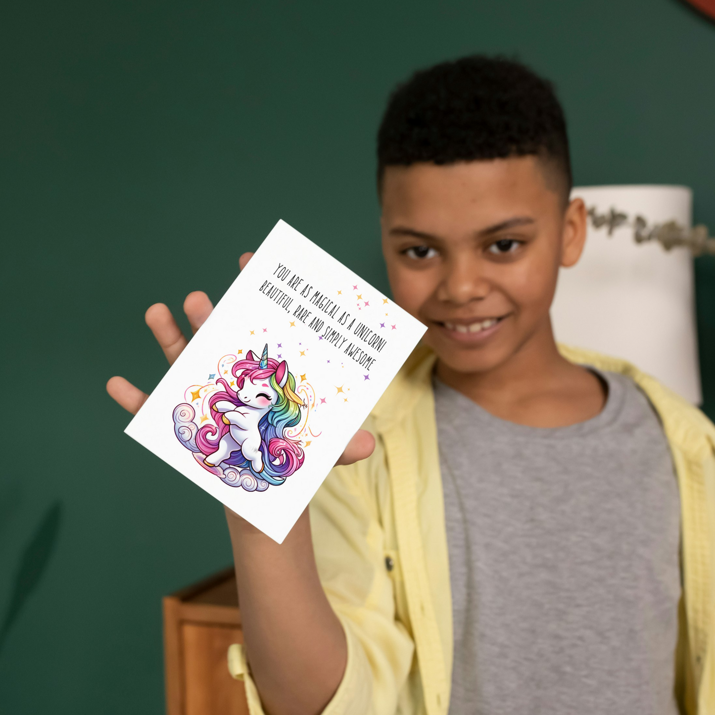 boy holding You are as magical as a dancing unicorn greeting card