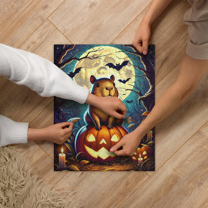 Cute Capybara Perched on Carved Pumpkin Halloween Jigsaw Puzzle