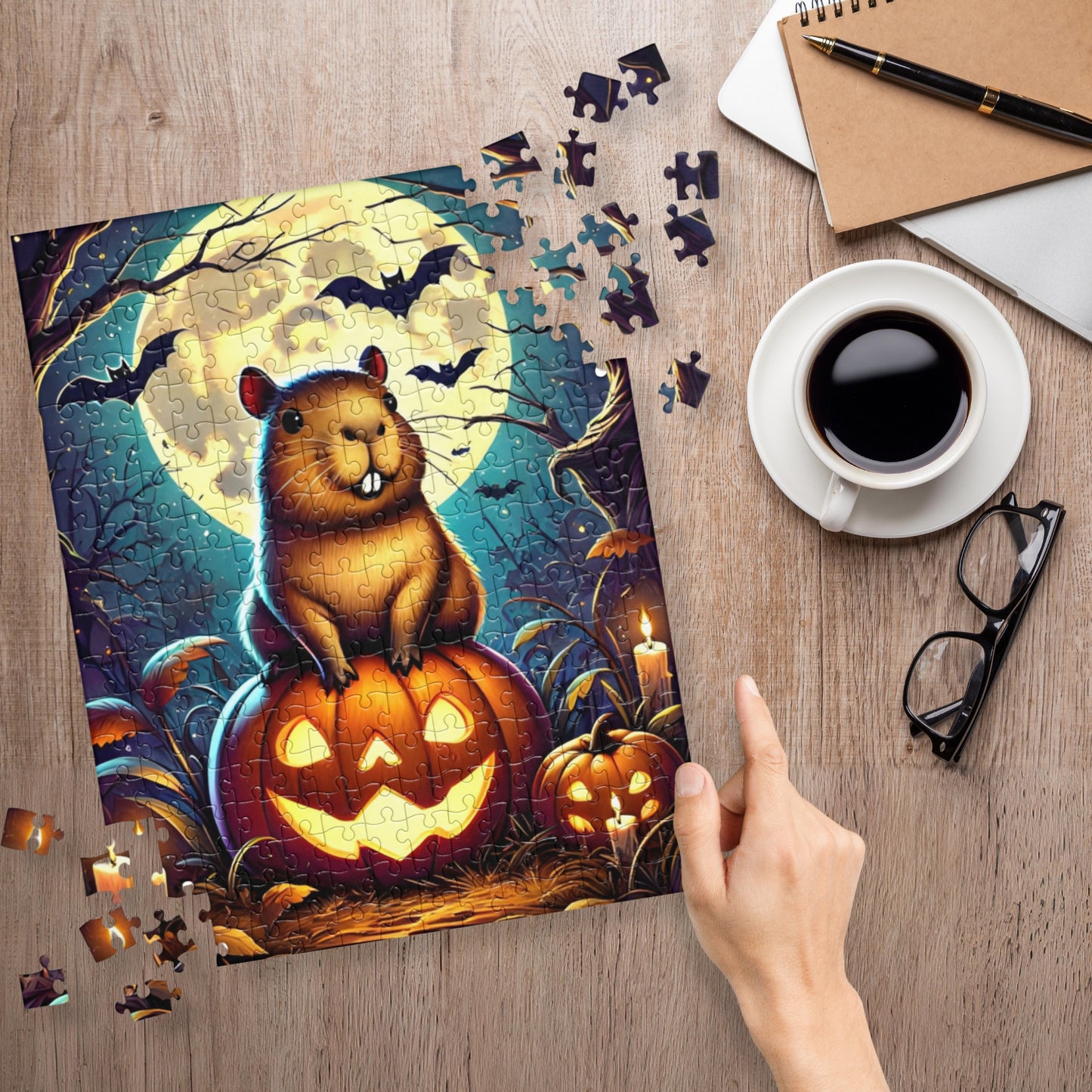 Cute Capybara Perched on Carved Pumpkin Halloween Jigsaw Puzzle