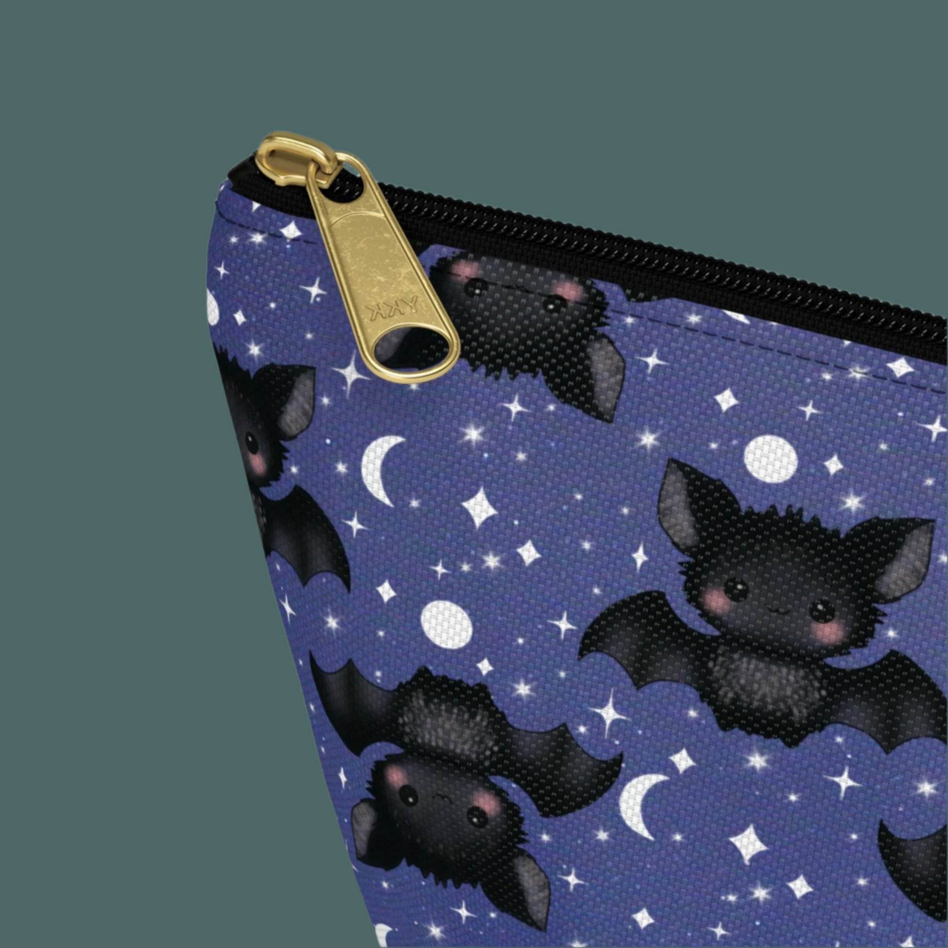 detail view small Midnight Blue Accessory Pouch with Cute Bats among Moons & Stars