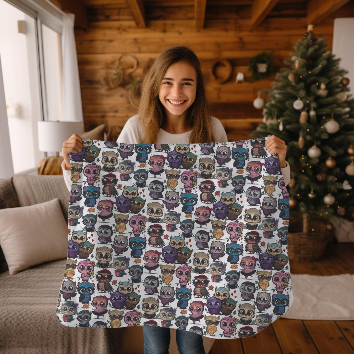 Cute Flock of Owls  Cozy Velveteen Plush Blanket
