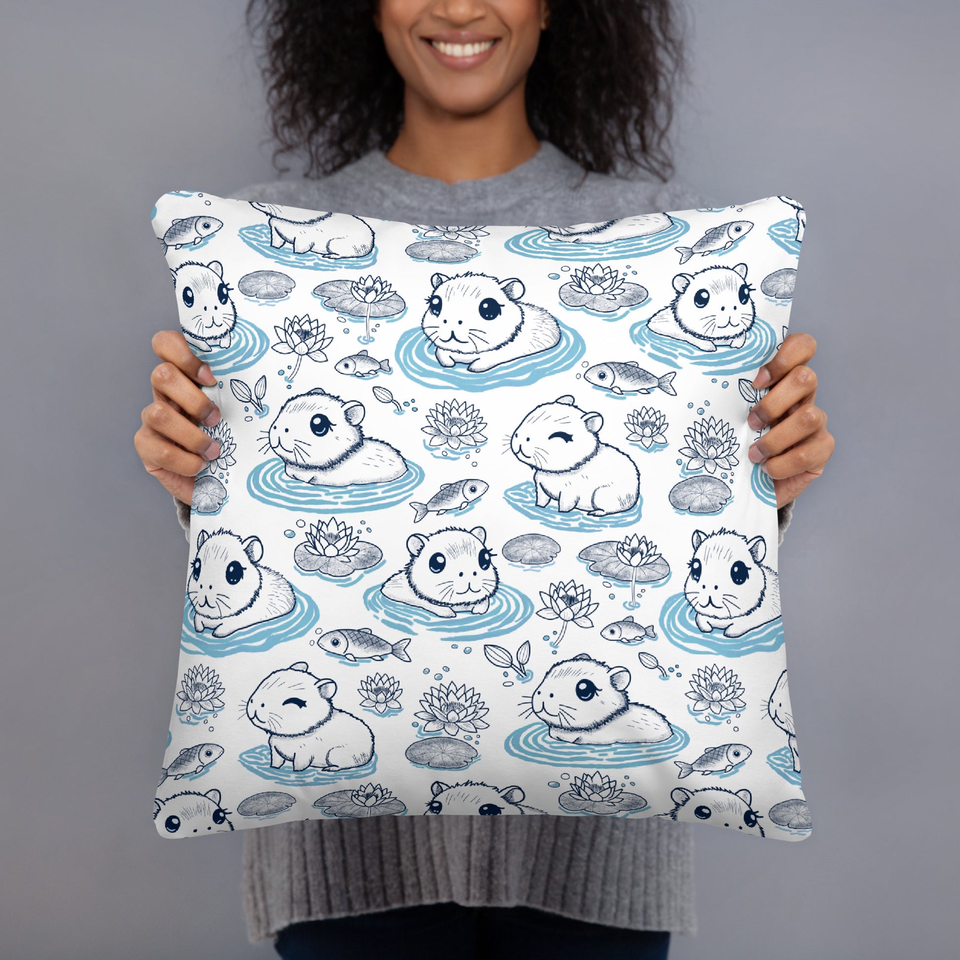 girl holding Capybaras in a Lily Pond Faux Suede Pillow Cover