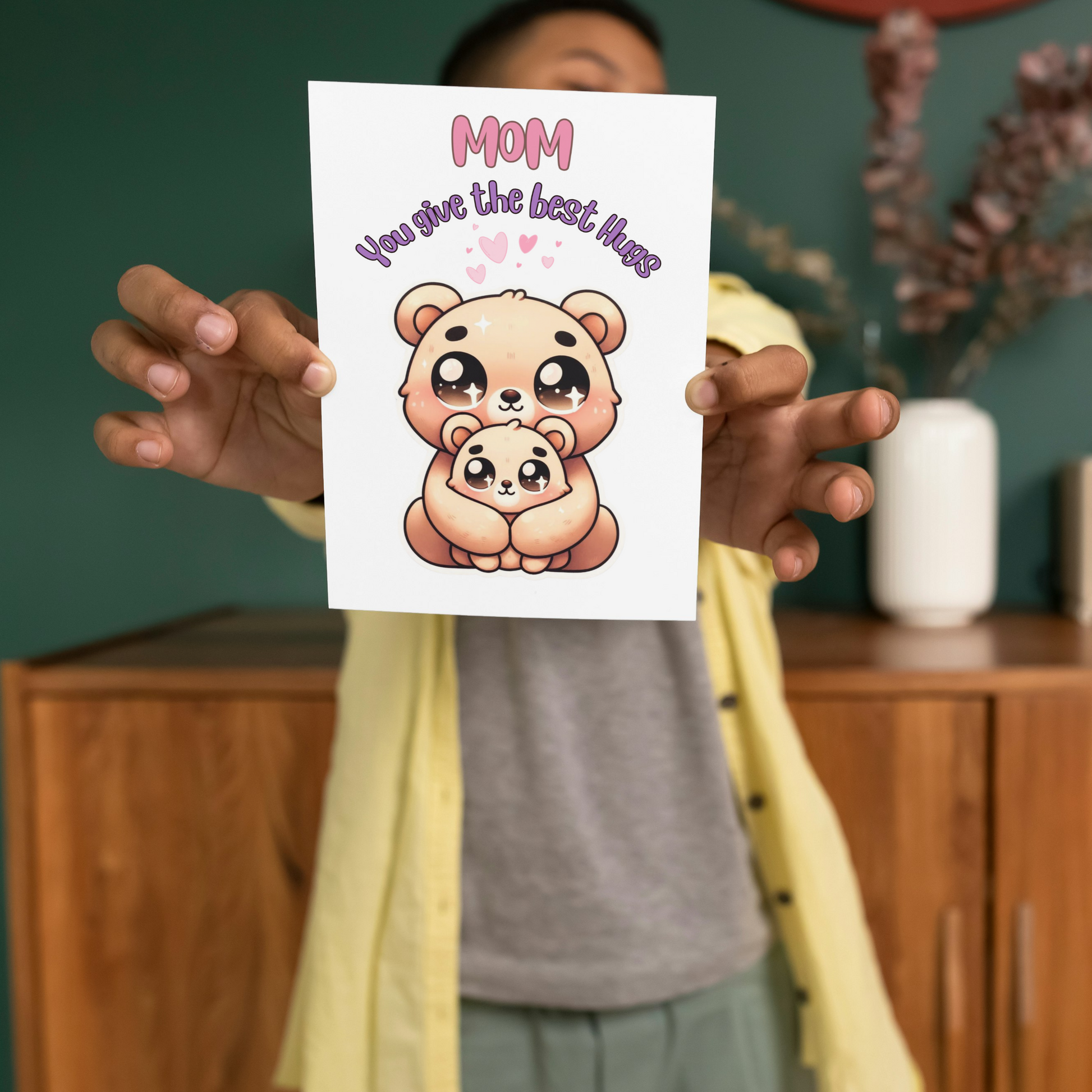 kid holding mom you give the best hugs card