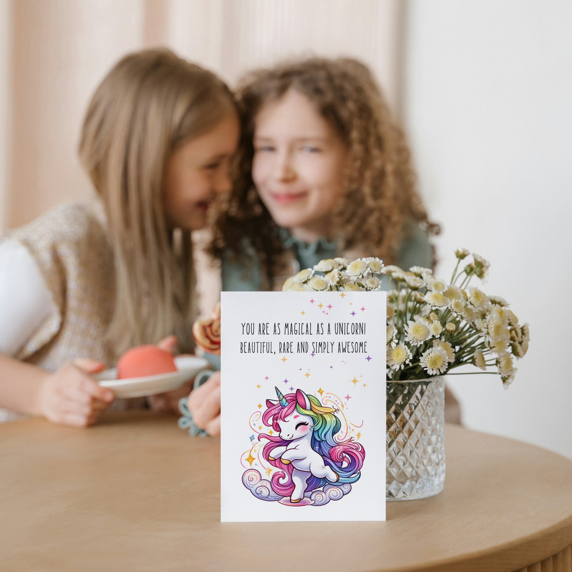 girls in background with You are as magical as a dancing unicorn greeting card