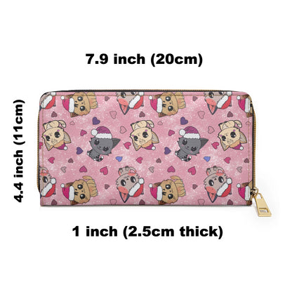 cute pink wallet with a long zipper featuring adorable Christmas kittens and hearts size chart