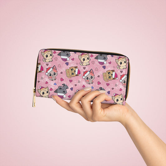 cute pink wallet with a long zipper featuring adorable Christmas kittens and hearts