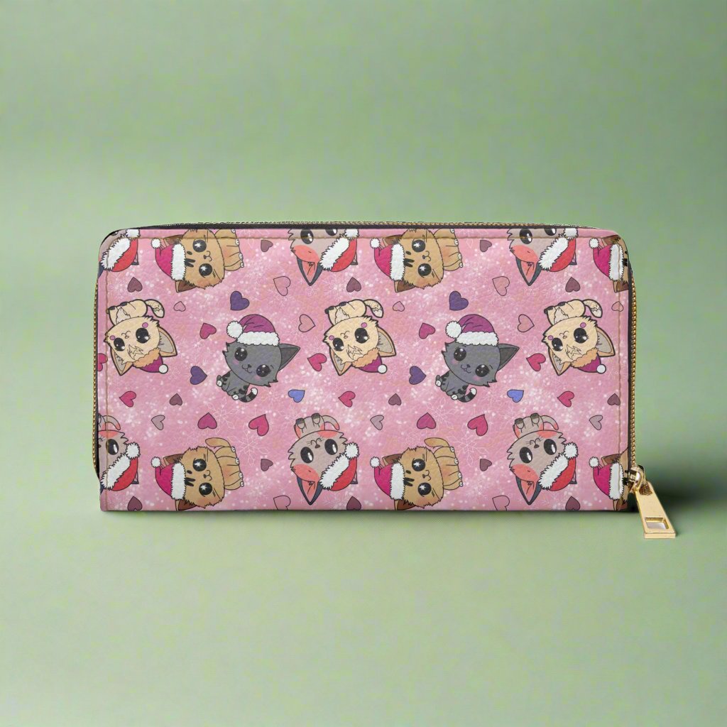 cute pink wallet with a long zipper featuring adorable Christmas kittens and hearts