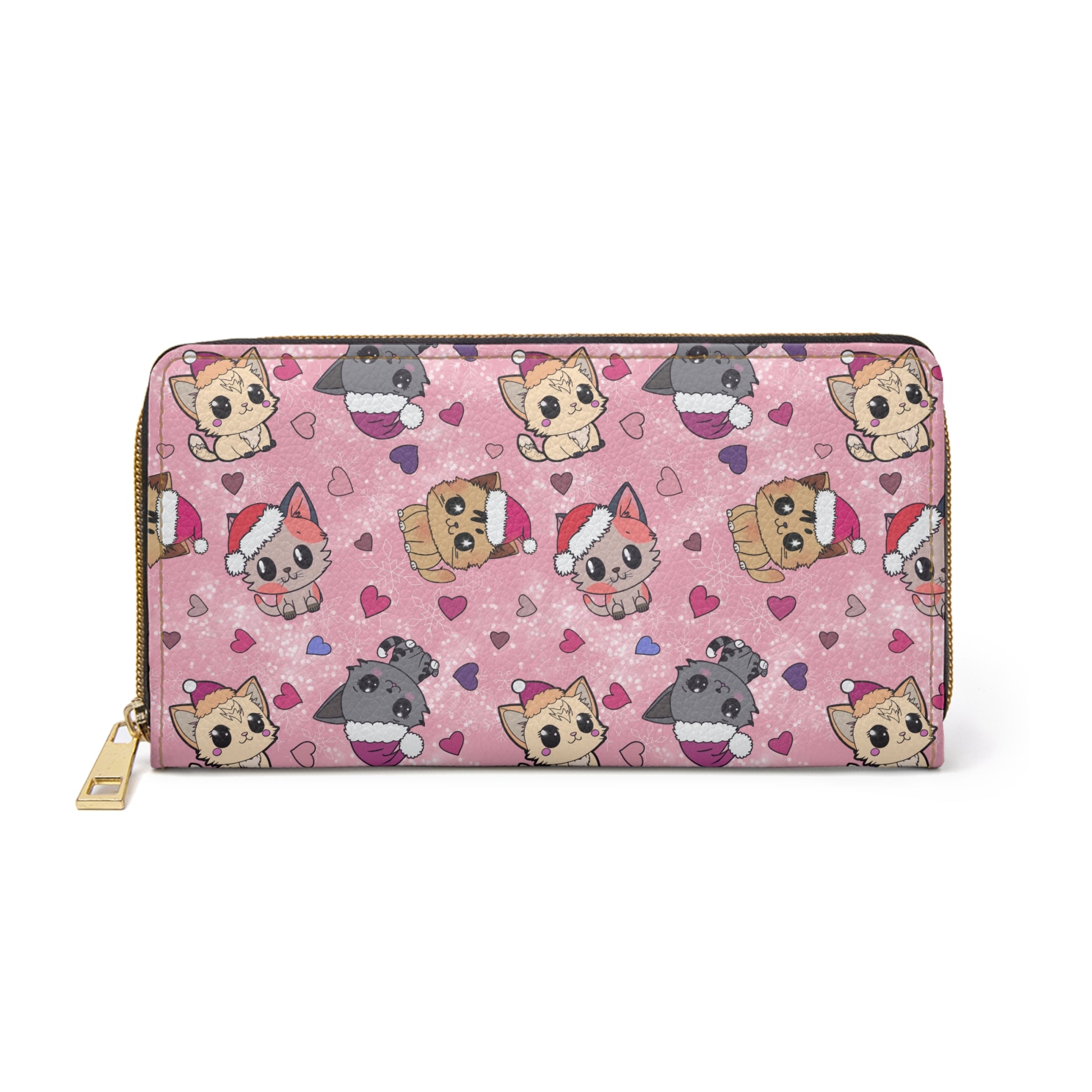 cute pink wallet with a long zipper featuring adorable Christmas kittens and hearts