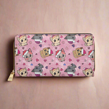 cute pink wallet with a long zipper featuring adorable Christmas kittens and hearts