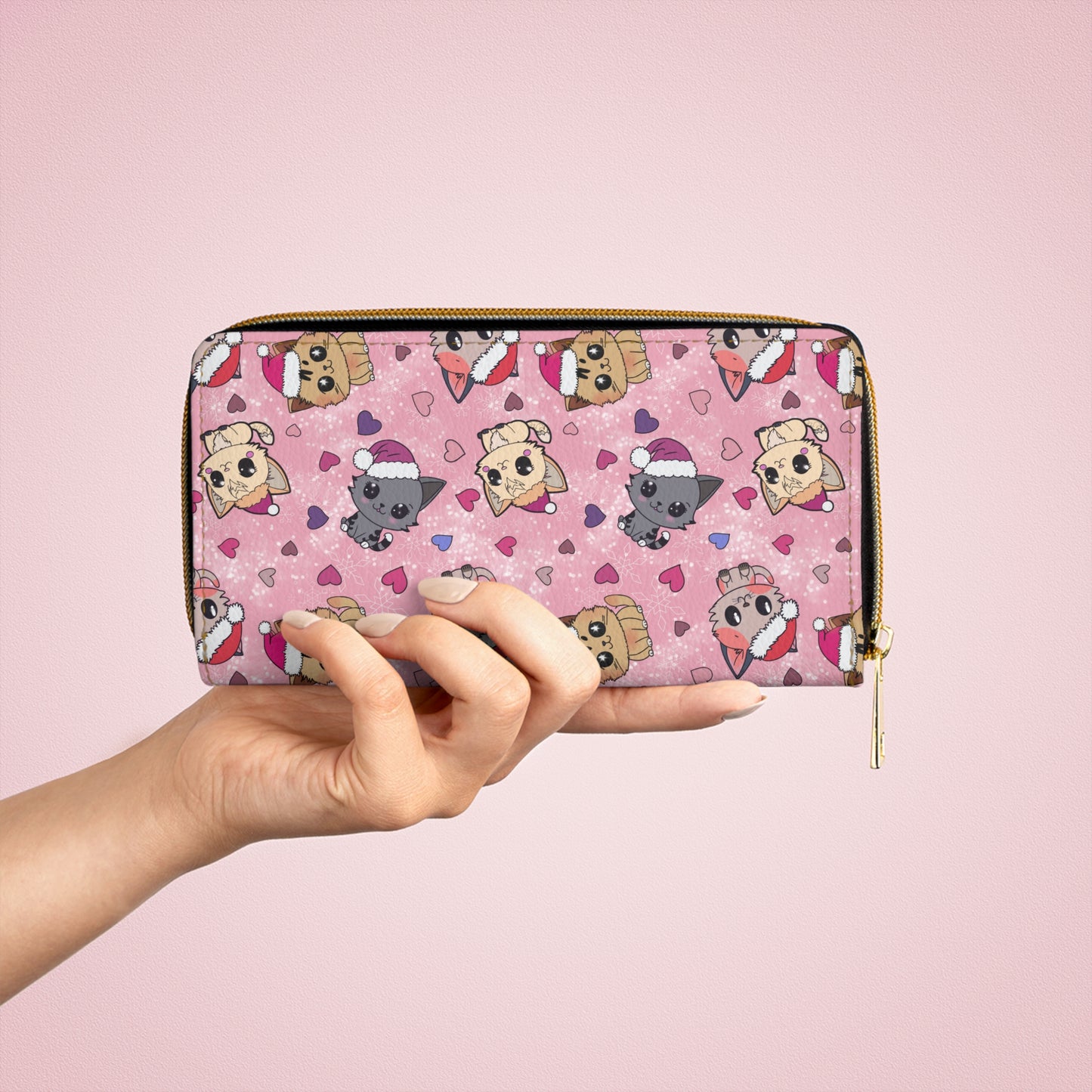 cute pink wallet with a long zipper featuring adorable Christmas kittens and hearts