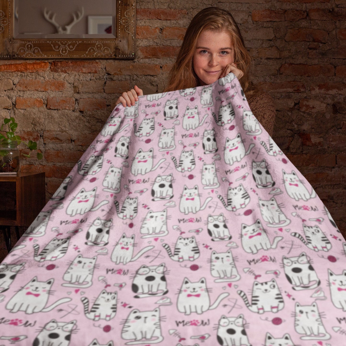 Sassy Cats Pink Pattern Cozy Velveteen Plush Blanket