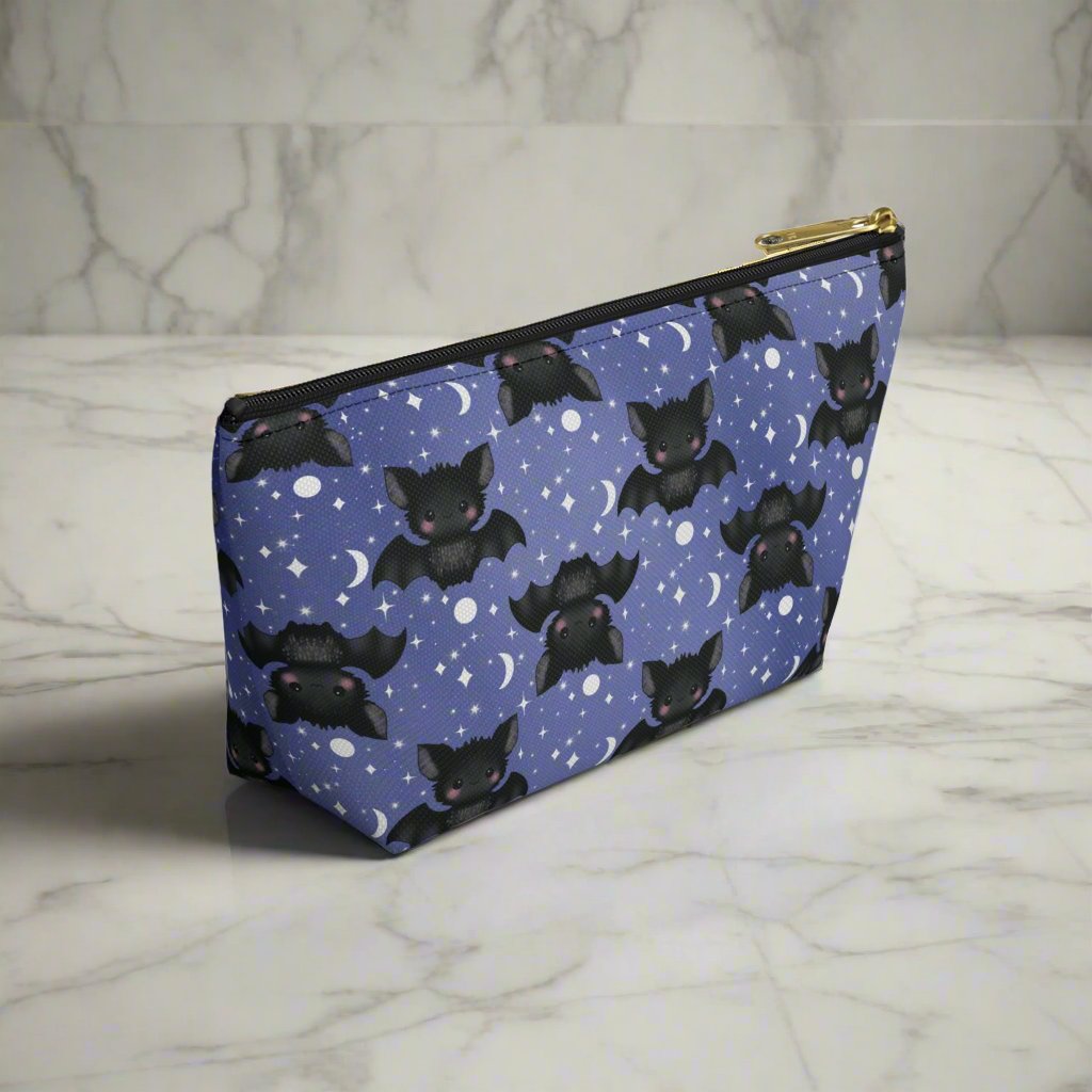 back side view small Midnight Blue Accessory Pouch with Cute Bats among Moons & Stars