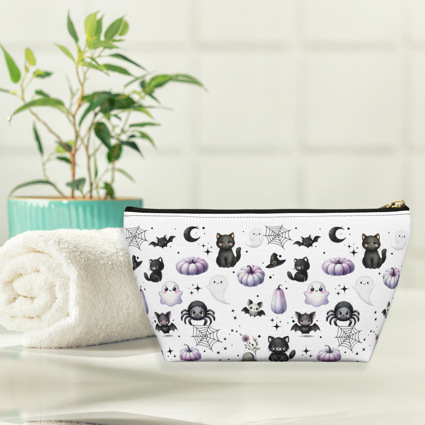 Cute Accessory Pouch with with Black Cats, Ghosts, Bats and Spiders