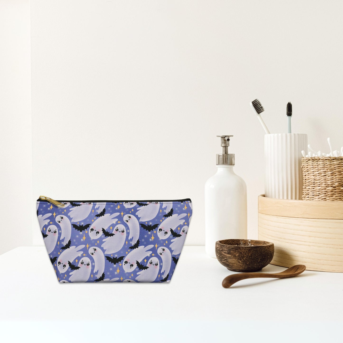 Blue Accessory Pouch with Cute Twirling Ghosts and Bats