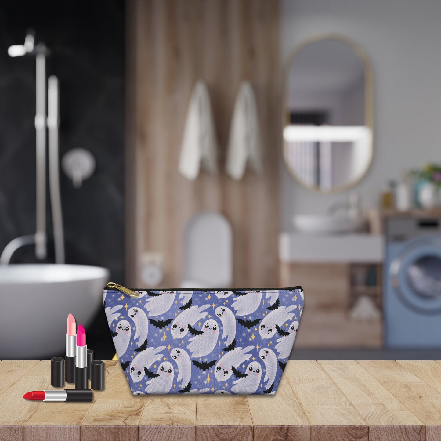 Blue Accessory Pouch with Cute Twirling Ghosts and Bats