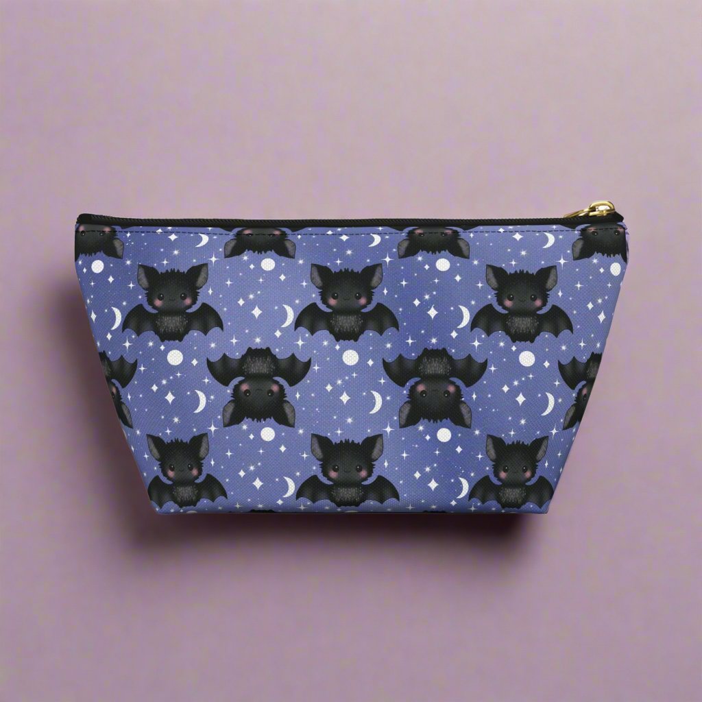 small Midnight Blue Accessory Pouch with Cute Bats among Moons & Stars