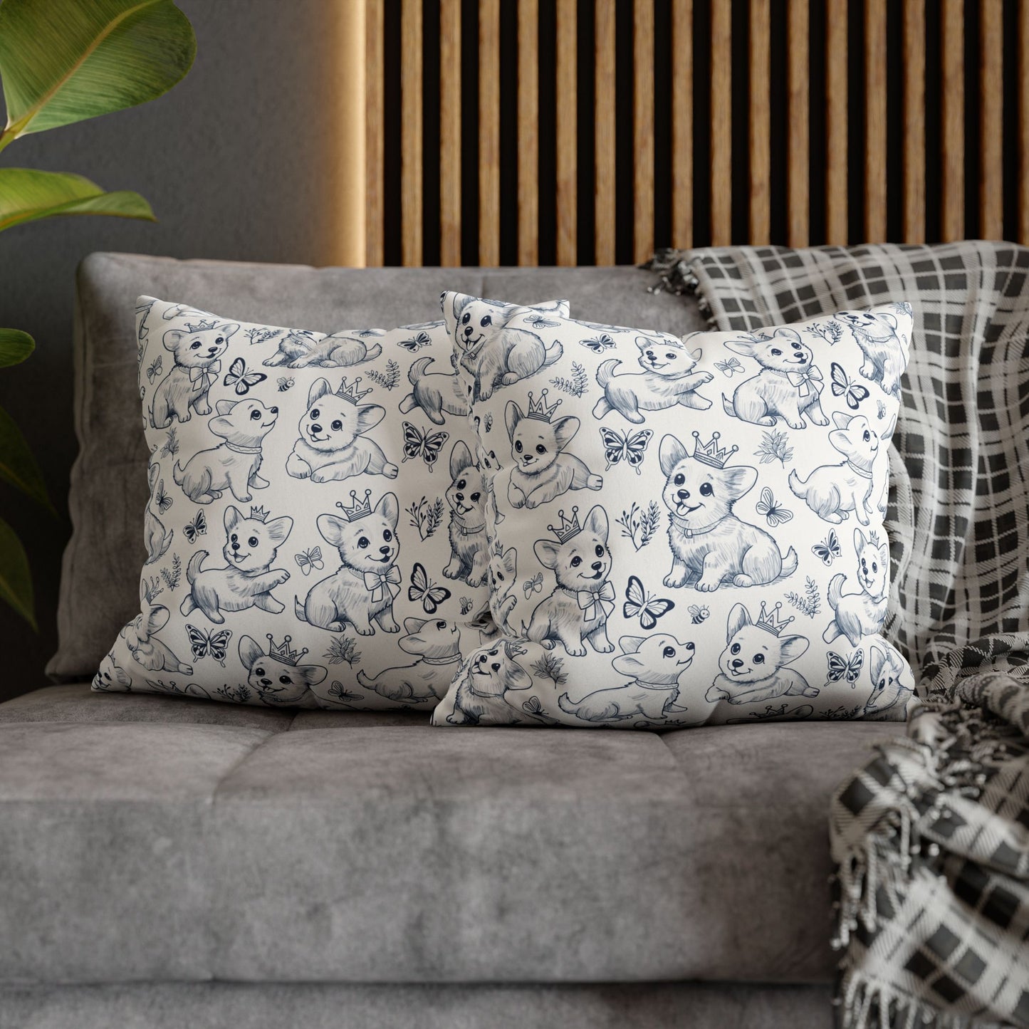 Cute Toile de Jouy playful Corgis Faux Suede Square Pillow