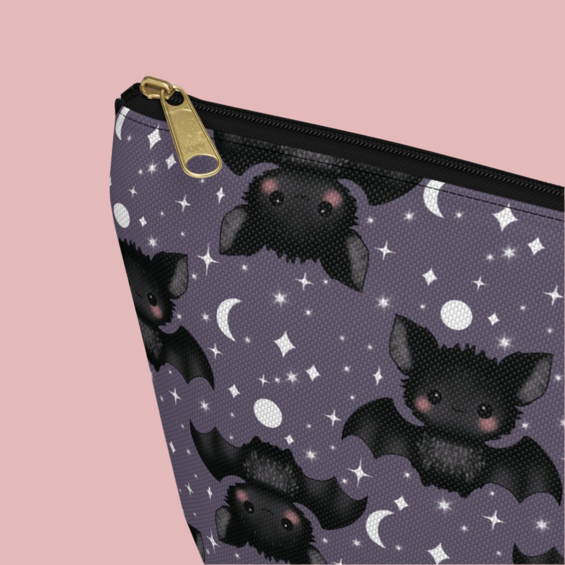 zipper close up detail of large Cute Bats, Moon and Stars Accessory Pouch with T-bottom